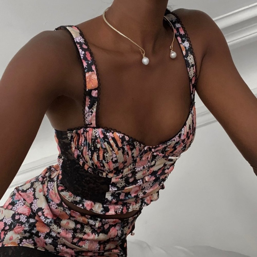For Love And Lemons Gardenia Long Line Bra Black Floral XS NEW